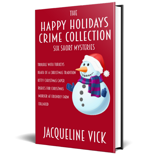 Hardcover book with Christmas Red cover and a smiling snowman. The title is The Happy Holidays Crime Collection.